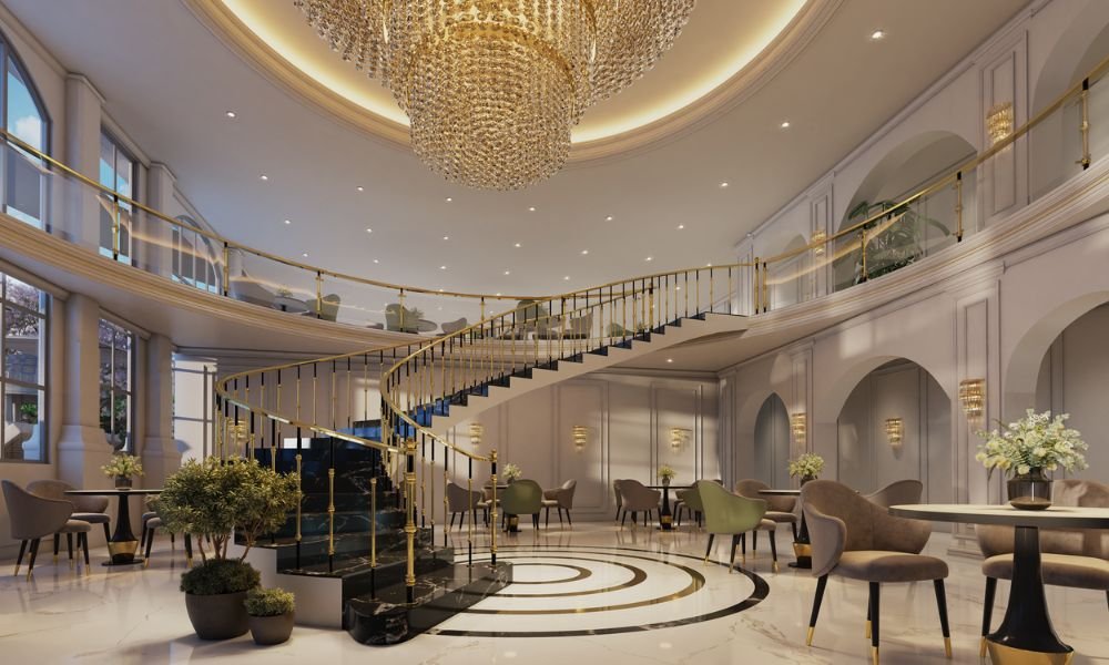 Club Crest 50,000 sq.ft Spanish Clubhouse Grand Lobby and spiral staircase