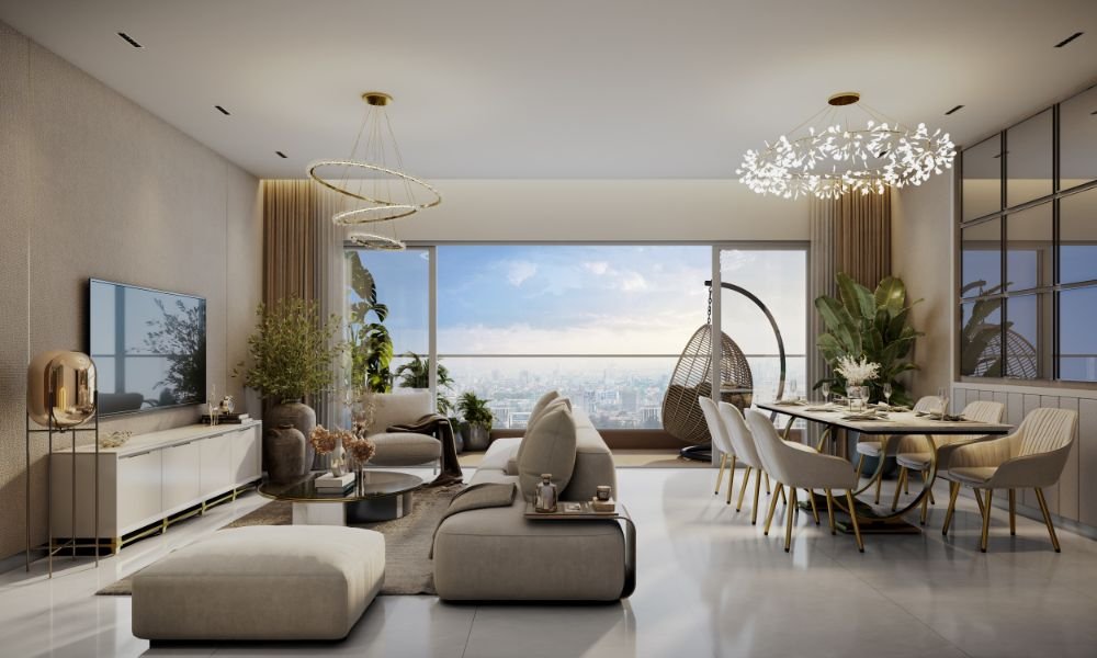 Palatial living and dining room with extensive sun deck overlooking Sahyadri hills